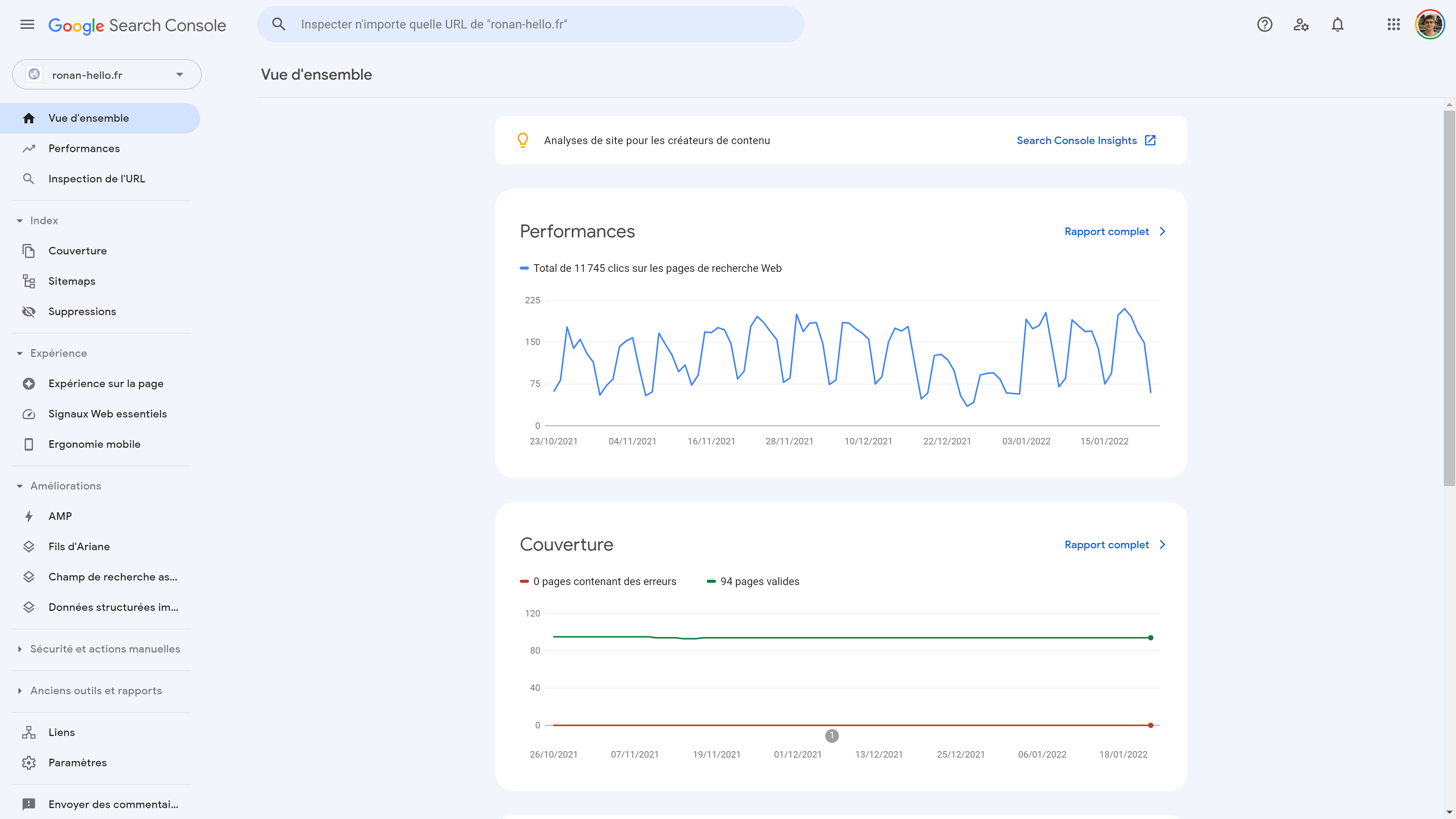 Interface Google Search Console en français